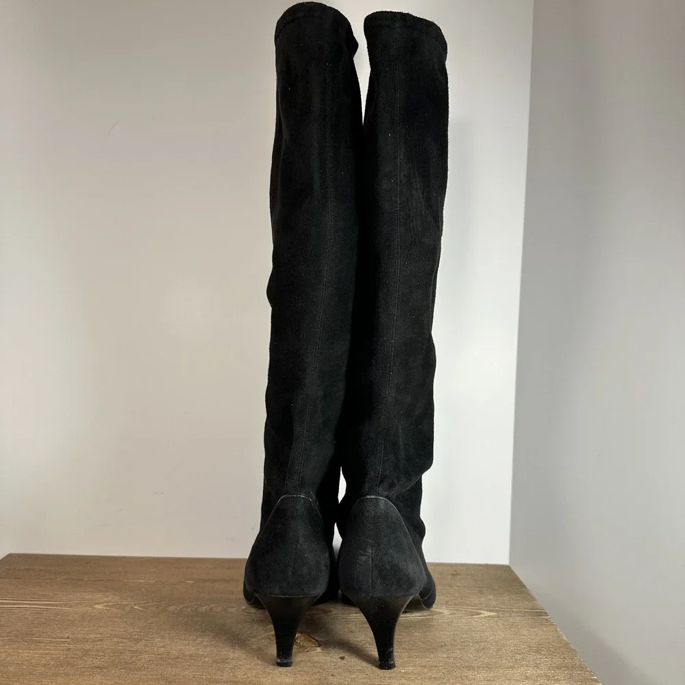 VTG Cole Haan Black Suede Knee High Sock Boots SZ 9B Kitten Heel Square Toe Chic
